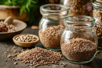 Poster - Variety of spices and seeds stored in glass jars on rustic wooden table in bright kitchen environment