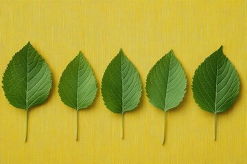 Aufkleber - Arrangement of green leaves on a bright yellow background creating a vibrant natural display