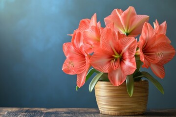 Poster - Beautiful amaryllis flowers in a decorative pot against an elegant blue background
