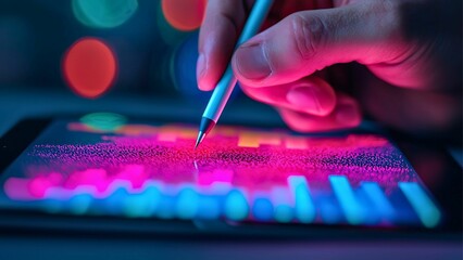 Poster - A hand uses a digital pen to interact with a tablet displaying complex data and graphs, which can illustrate the potential of technology in various fields.