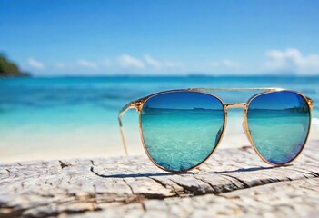 Wall Mural - bright sunglasses sit on weathered wood, capturing a serene beach with turquoise waters.