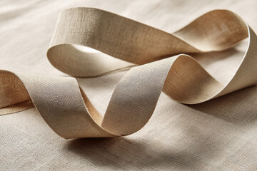 Aufkleber - Beige fabric ribbon, softly curved, showing texture detail, suggesting elegance and simplicity, ideal for design or branding