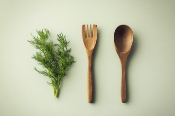 Poster - Wooden kitchen utensils and fresh herbs arranged on a light surface for culinary preparation and cooking