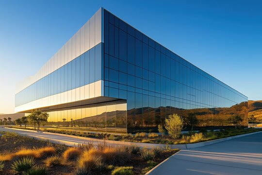 high tech data center reflects blue sky, surrounded by rolling hills