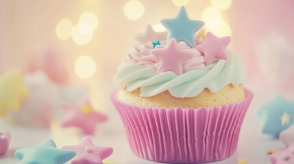 Poster - Cupcake decorated with stars and pastel toppings on soft textured background, perfect for celebrations