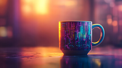 Poster - Tech-Infused Morning Brew: A captivating close-up of a ceramic mug, its surface intricately designed with digital circuit patterns, holds the promise of a fresh start.