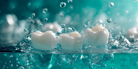 Fototapete - Three white teeth submerged in teal water, air bubbles surrounding them.  Clean, fresh dental imagery, showcasing oral hygiene and dental care