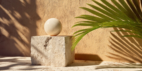 Poster - Beige sphere on light stone cube, palm leaf shadow on beige wall, creating minimalist, serene scene, ideal for product display or mockup
