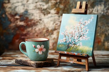 Wall Mural - Artful Mother's Day display with a hand-painted mug of coffee next to a small canvas of blooming cherry blossoms on a vintage easel.