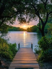 Wall Mural - wooden dock at lake sunset