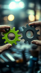 Poster - Close-up of green and gray gears held by hands, blurred industrial background showcasing teamwork and collaboration concept