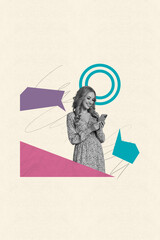 Fototapete - Creative picture collage of young lady use gadget on pastel color background for speaking
