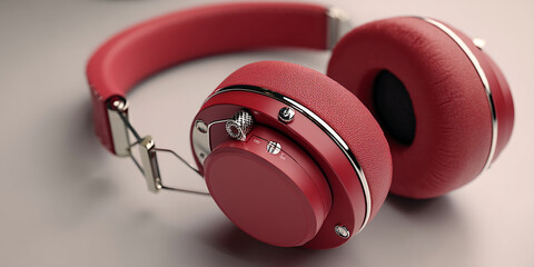 Poster - Close-up of red headphones with textured earcups and silver accents, showcasing modern design and audio technology, ideal for product showcase or advertisement