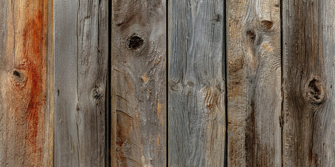 Aufkleber - Close-up of aged wooden planks, showing varied brown and gray tones, knots, and grain texture, ideal for rustic or vintage designs, showcasing natural wood pattern
