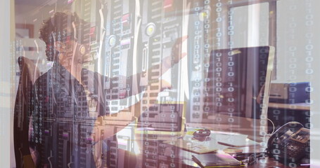 Poster - Binary code and data servers over person working at computer in office