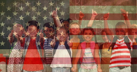 Poster - Digital composite of multi-ethnic group of children at school with blackboard against american flag