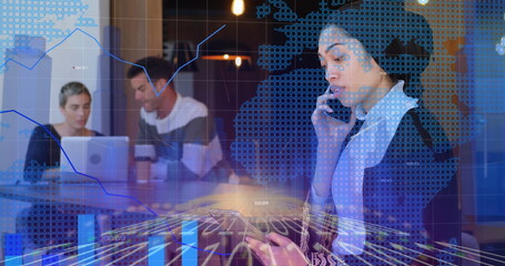 Poster - Image of graphs, data and digital interface over woman using tablet computer and talking on phone in