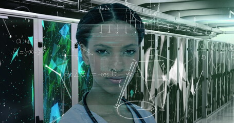 Poster - Image of handwritten mathematical equations and data over portrait of biracial female doctor in comp