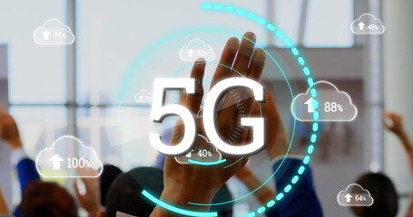 Poster - Image of 5G digital interface with network of connections and cloud icons with people raising hands
