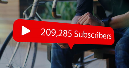 Poster - Image of digital interface Subscribers text with growing numbers on red speech bubble over man using