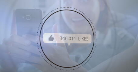 Aufkleber - image of digital interface thumbs up with growing numbers on white speech bubble over woman using sm