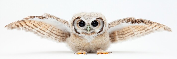 Leinwandbilder - Cute owl with spread wings sitting calmly against a white background showcasing its soft feathers and detailed eyes