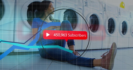 Aufkleber - image of digital interface subscribers text with growing numbers on red speech bubble and blue lines
