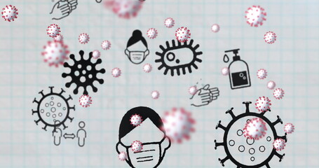 Poster - Image of Covid 19 cells and icons floating over white squared paper