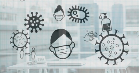 Poster - Image of multiple Covid 19 coronavirus icons moving over cityscape in the background