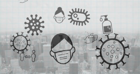Poster - Image of multiple Covid 19 coronavirus icons moving over cityscape in the background