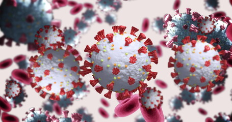 Poster - Image of 3D macro coronavirus and red blood cells spinning on white background