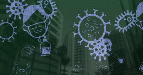 Poster - Image of multiple Covid 19 coronavirus icons moving over cityscape on green background