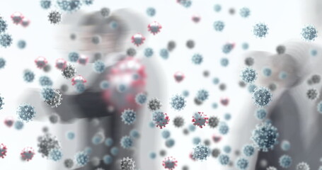 Poster - Image of covid 19 cells over people walking in busy office