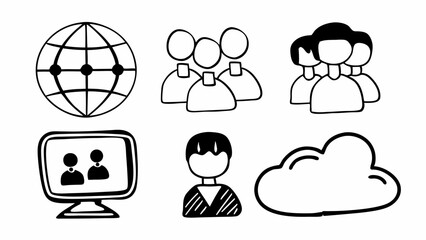 Fototapete - Hand drawn illustration of a globe, groups of people, a computer and a cloud icon set created with generated ai
