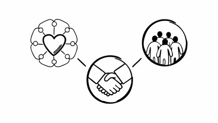 Poster - Illustration showing interconnected heart network handshake and group of people in black and white style created with generated ai