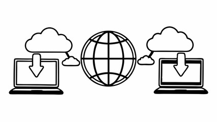 Fototapete - Cloud computing network with laptops connected to a globe for data transfer illustration created with generated ai