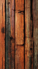 Poster - Close-up of aged, reddish-brown wood planks, showing texture, cracks, and grain, representing rustic, vintage, or natural themes ideal for backgrounds or design elements