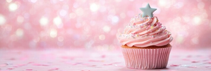 Aufkleber - Delicious cupcake with pastel topping and star decoration on soft textured background for celebrations
