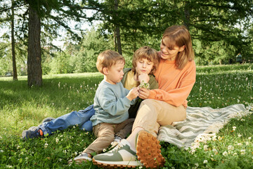Wall Mural - Portrait of mother and two sons sitting on picnic blanket and picking flowers in green park enjoying time together