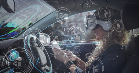 Poster - Image of information displays with woman in vr headset using smartphone in self driving car