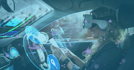 Poster - Image of displays and icons with woman in vr headset using smartphone in self driving car