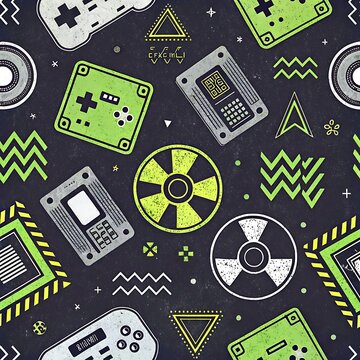 Retro Gaming Tech Seamless Pattern Vibrant Green Gray Design Elements 80s 90s art web cool neon dark
