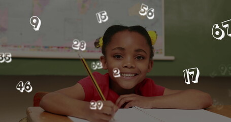 Poster - Multiple numbers floating against portrait of school girl studying at school