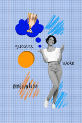 Aufkleber - Image collage of young woman use gadget point finger blue color background