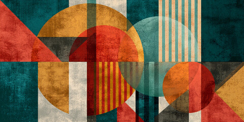 Poster - Abstract geometric artwork with textured circles, triangles, and stripes in teal, red, orange, and beige tones, showcasing a mid-century modern design aesthetic perfect for a background