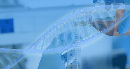 Poster - Dna structure spinning against health worker working in laboratory
