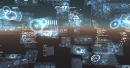 Poster - Image of data processing and scopes scanning on screen over glowing horizon