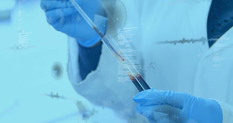 Poster - Image of statistics recording and data processing over scientist holding test tube in laboratory