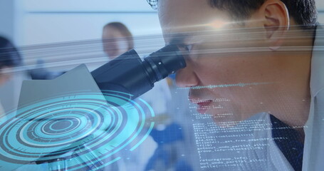 Aufkleber - Image of scope scanning and data processing over scientist using microscope in laboratory