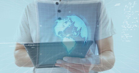 Poster - Image of screens with scope scanning and data processing over man using tablet